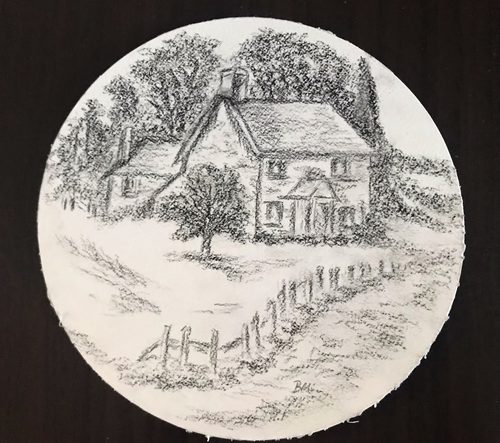 Brenda, wintry scene, graphite and charcoal.